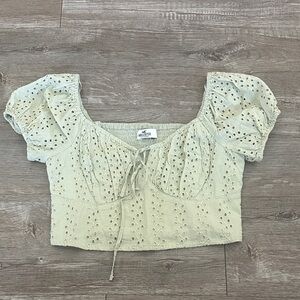 Hollister Eyelet Puff Sleeve Crop Top in Light Green